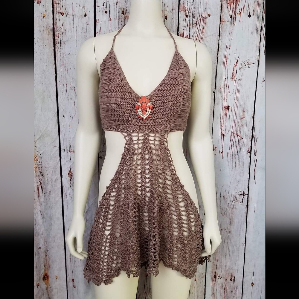 Gorgeous crochet lace bikini coverup with rhinestone broche